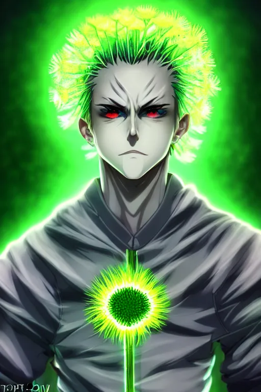 Image similar to nuke cloud dandelion male anime character, symmetrical, highly detailed, digital art, sharp focus, trending on art station, green eyes, glowing radioactive colours