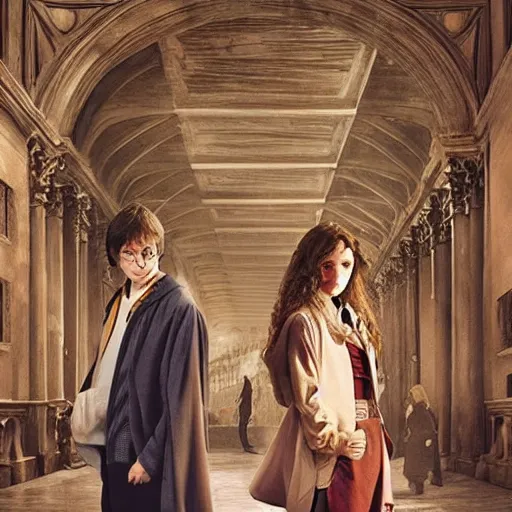 Image similar to Harry Potter and Hermione in Venice, art gallery, art museum, symmetrical face, beautiful eyes,