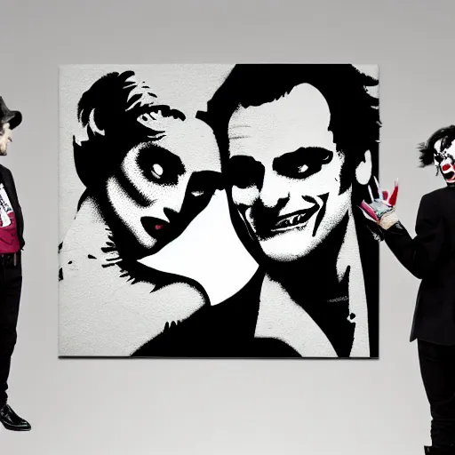 Image similar to mimmo rottela and banksy as joaquin phoenix skinny joker holding hand lady gaga harley queen, extreme photorealistic, intricate details, pop art style, concept art, details object, random object movement, 3 colors, 4 k, 4 d, smooth, sharp focus