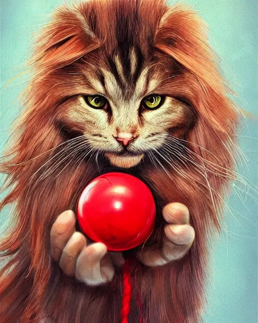 Prompt: long - haired siberian cat playing with a red yarn ball, in the style of artgerm, illustration, epic, fantasy, intricate, hyper detailed, artstation, concept art, smooth, sharp focus, ray tracing, vibrant, photorealistic, simon bisley