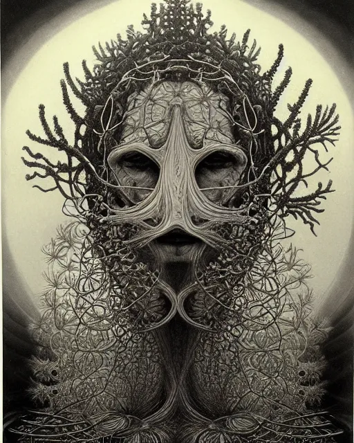 Image similar to realistic detailed underwater face portrait of the beautiful young god of the fish of the fractal waters with an intricate headgear of corals, sea kelp, sea plants, fish, starfish, jellyfish, art by ernst haeckel, zdzisław beksinski, hieronymus bosch, gothic, neo - gothic, ornamental, beautiful deep colours,