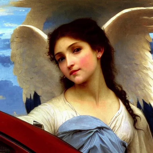 Image similar to an oil painting of an angel driving a car in a drive through, one hand on the steering wheel, exterior view, by Bouguereau, highly realistic and intricate