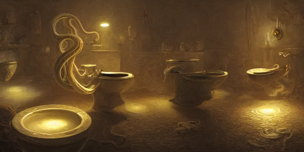 Prompt: toilet bowls with tentacles, digital artstation painting 8k intricate dramatic light