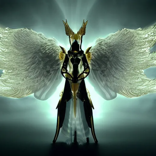 Image similar to Angel in white linen, golden armor, glowing sword in hand, translucent wings, concept character, beautiful, stunning, gold mist, radiating power, energy, god rays, luminescence, fractal, photography, unreal engine, 8k