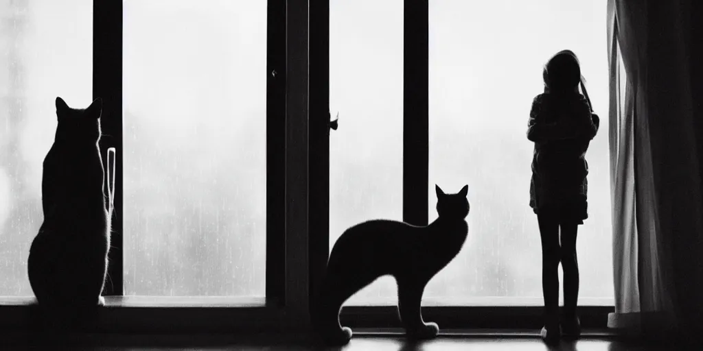 Image similar to silhouette of a girl and her cat, looking out a window on a rainy day, inside a cozy apartment, with a city view. atmospheric, moody, cozy, rainy day, backlit,