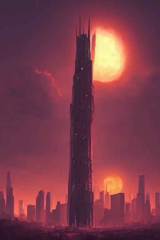 Image similar to wizard tower in downtown chicago, silhouetted by enormous bloodmoon, an epic fantasy, dramatic lighting, cinematic, establishing shot, extremely high detail, photorealistic, cinematic lighting, artstation, by simon stalenhag, horizon forbidden west