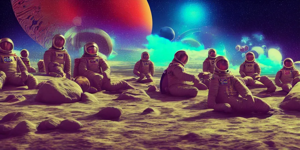 Prompt: twelve cosmonauts sitting by the river with a big holiday cake + octane render + ue 5 + planets and stars + mystical fog + psychedelic colors + trippy colors + super detail, high quality