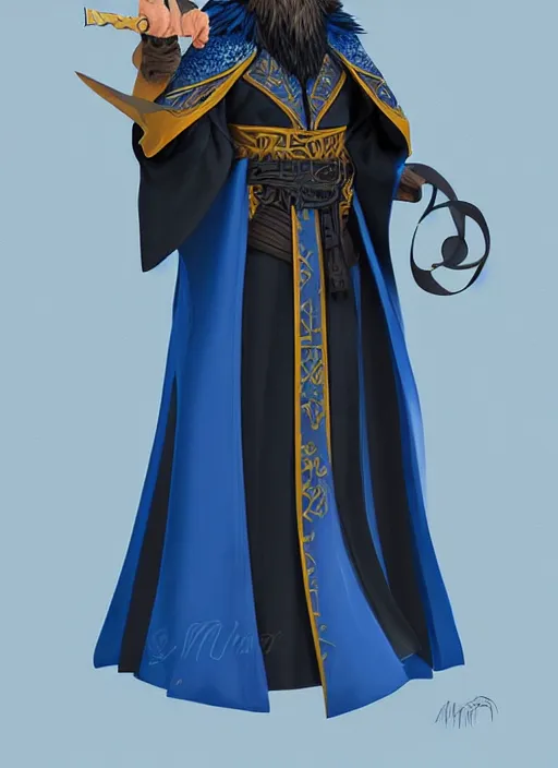 Image similar to hawk and raven headed warlock, wind magic, blue robes, exquisite details, full body character design on a white background, by studio muti