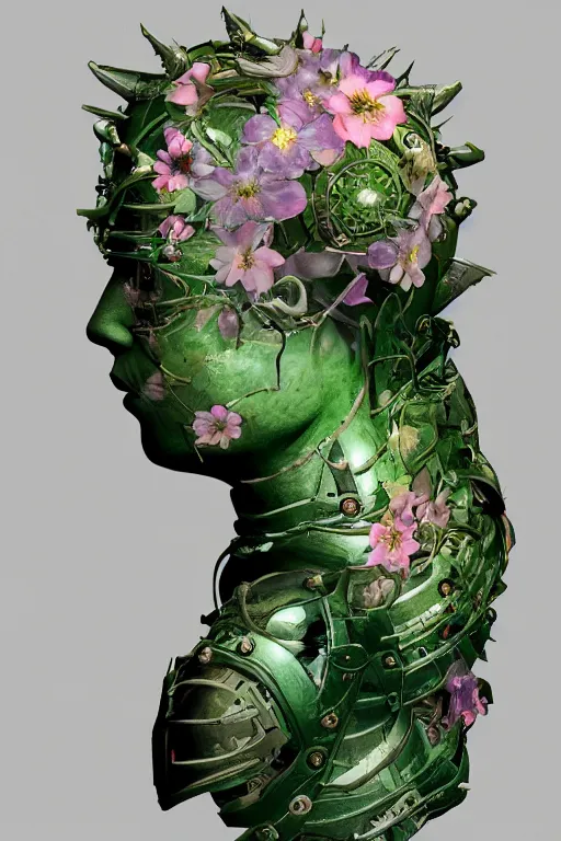 Image similar to portrait of beautiful young mainem, warhammer, japaneese style, cyber armor, a lot of more scars, more and more flowers, green head, the middle ages, highly detailed, artstation, illustration, art by rene magritte, 8 k quality