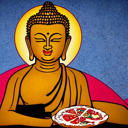 Image similar to the buddha eating a slice of pizza