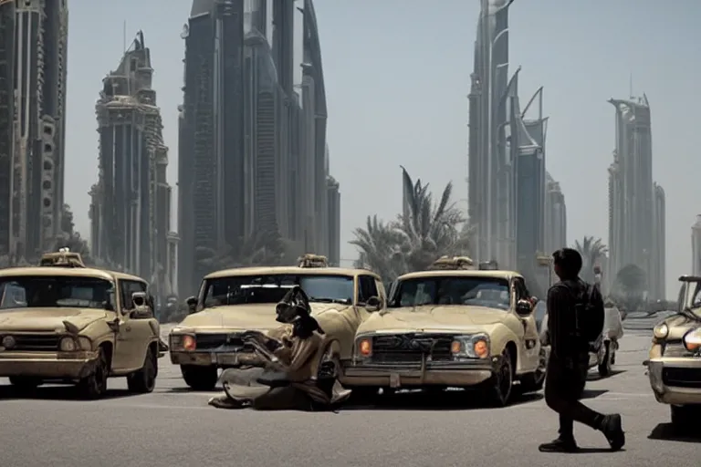 Prompt: cinematography dinosaurs in the streets of dubai by Emmanuel Lubezki