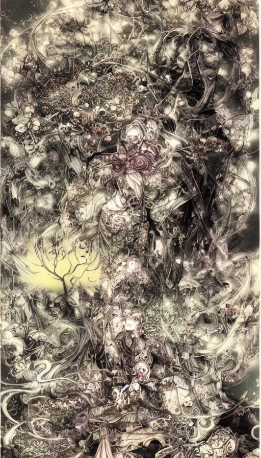 Image similar to life and death mixing together, by yoshitaka amano,