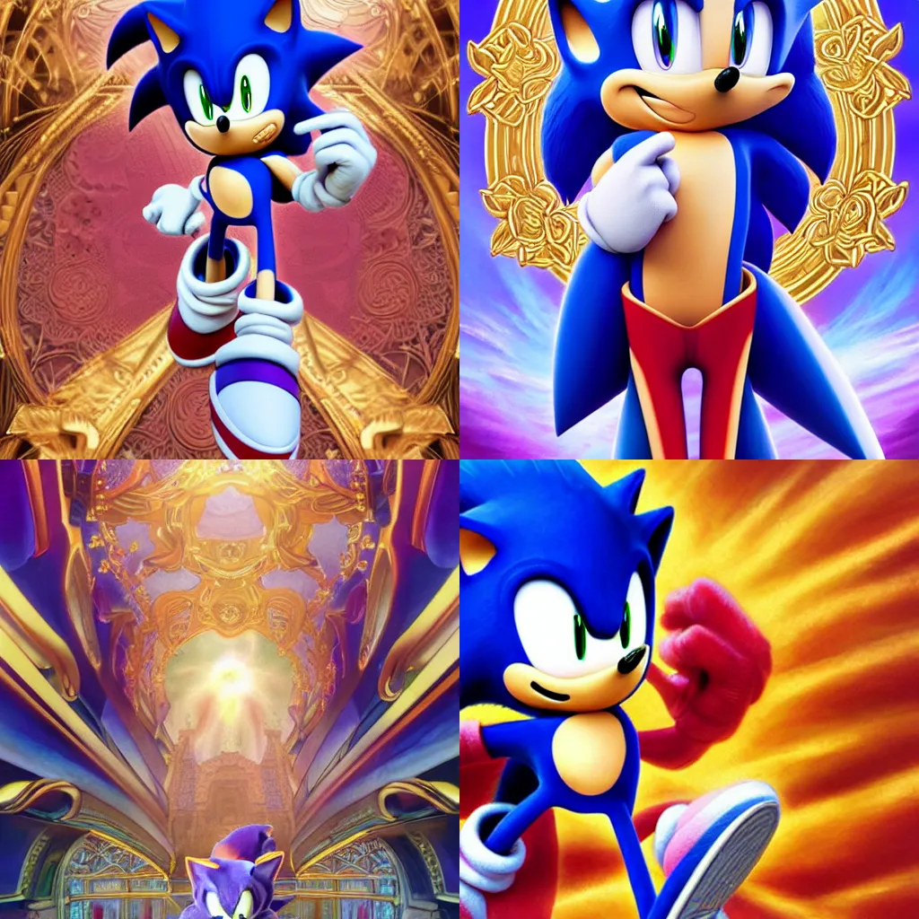 Prompt: sonic the hedgehog as a breathtaking detailed anime painting, pastel flowers petals and golden ribbons flying, art by pilyeon and yuumei art, symmetrical facial features, at dawn in front of a pristine golden art nouveau cathedral, elegant, volumetric lighting, highly detailed, artstation, concept art, matte, sharp focus