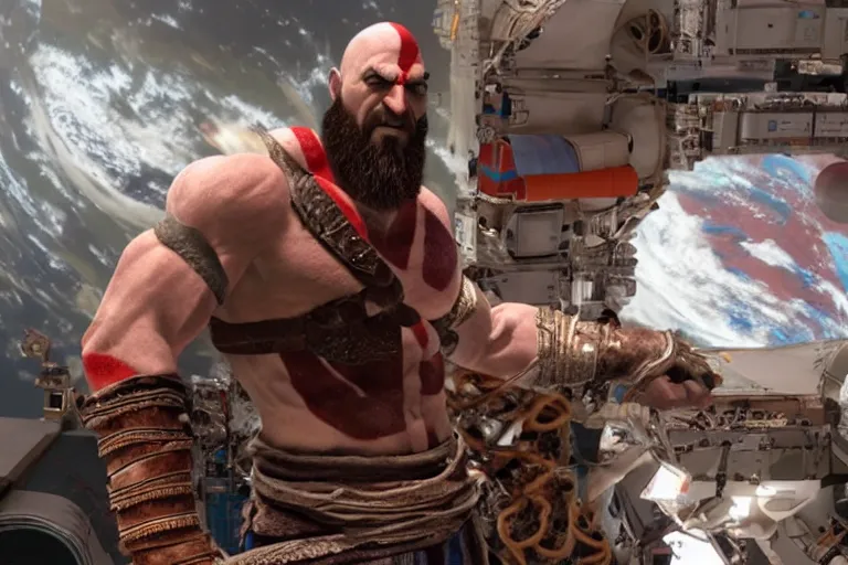 Prompt: cinematic screenshot of kratos from the god of war videogame eating ramen noodles in the international space station