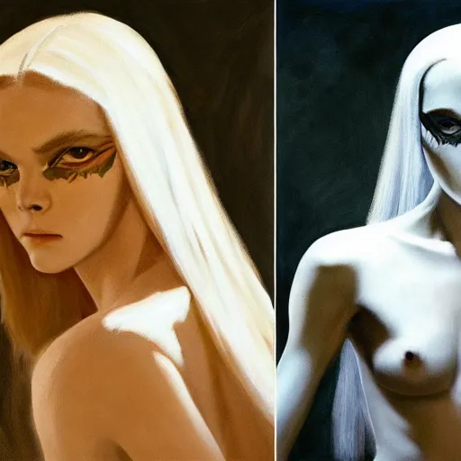 Image similar to ultra realistic painting of elle fanning as ghost spider, art by frank frazetta, 4 k, ultra realistic, highly detailed, epic lighting