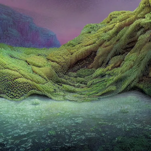 Image similar to artistic digital artwork of a lush natural scene on an alien planet. beautiful landscape by vincent bons, michael whelan and remedios varo. weird vegetation. cliffs and water. grainy and rough. interesting pastel colour palette. beautiful light. oil and water colour based on high quality render.