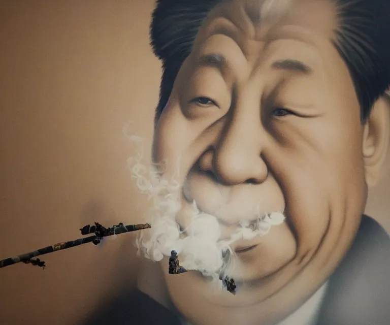 Image similar to hyperrealism movie still photography of real detailed drunk xi jinping with detailed face smoking detailed weed in detailed basement bedroom with drunk winnie the pooh hyperrealism photography by araki nobuyoshi