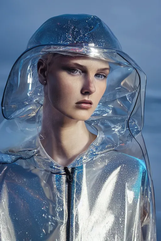 Image similar to an ultra high definition professional high fashion portrait studio full length photograph of a model wearing a transparent pearlescent raincoat and neon visor in an icelandic black rock environment at dawn. no artefacts. extremely detailed. stark. refraction. shallow depth of field. volumetric light and shadow. ray tracing. light rays.