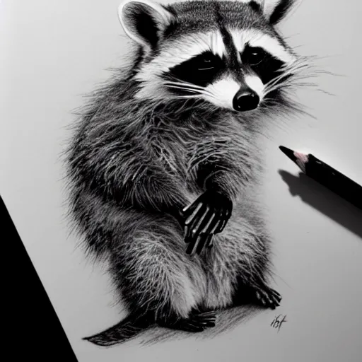 Image similar to a very detailed pencil drawing of a raccoon flipping the middle finger 4 k, high resolution, still, landscape, hd, dslr, hyper realistic, sketch