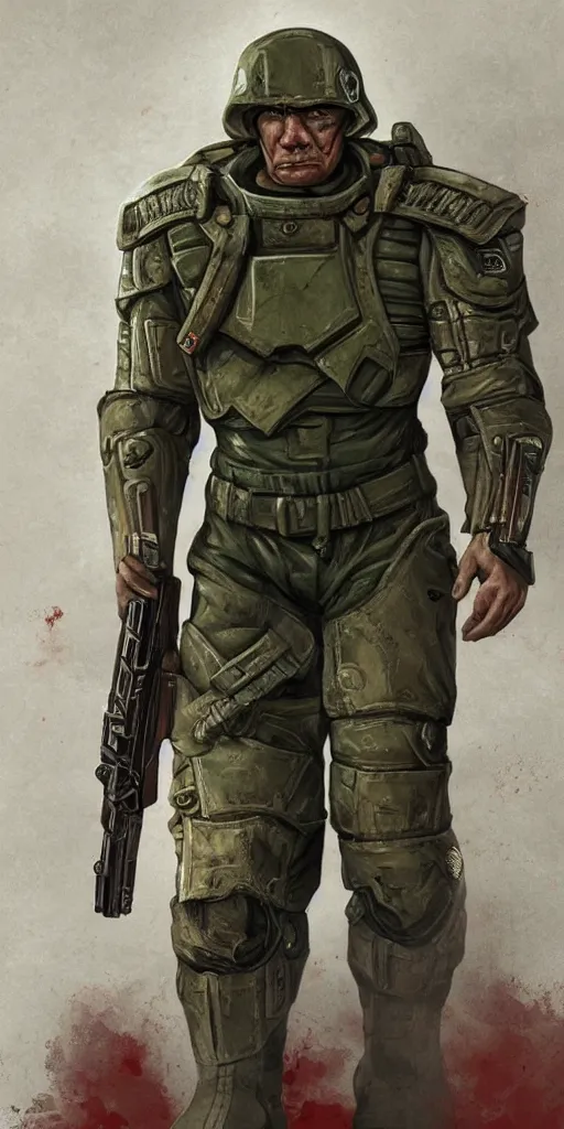 Image similar to doomguy as a soviet soldier, full body portrait, concept art, military art, art by artgerm