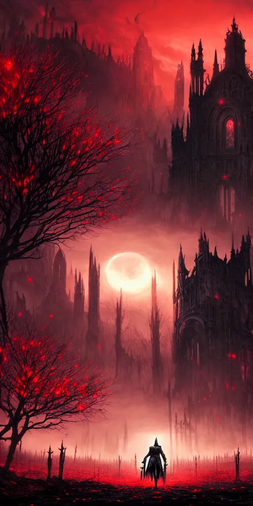 Image similar to populated bloodborne old valley with a dark person at the centre and a ruined gothic city in the background, trees and stars in the background, falling red petals, epic red - orange moonlight, perfect lightning, wallpaper illustration by niko delort and kentaro miura, 4 k, ultra realistic