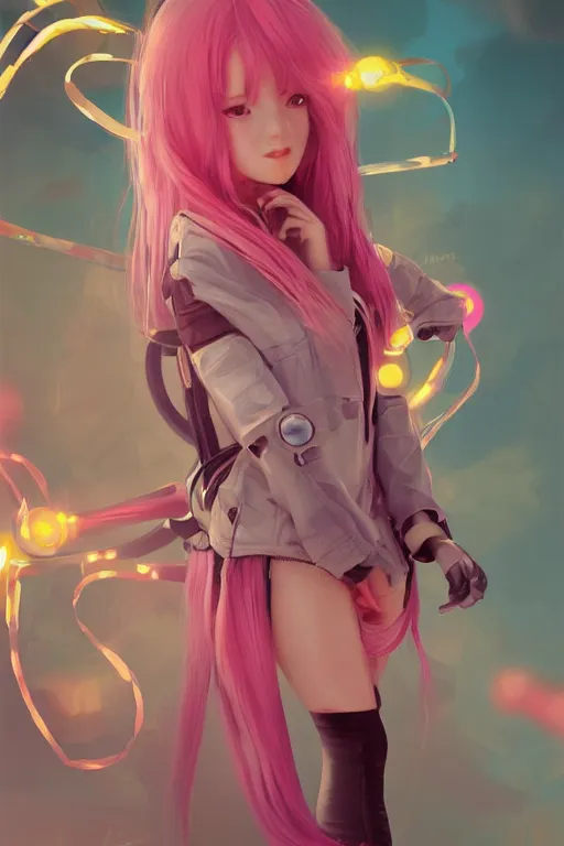 Image similar to a cute girl, pink hair covered with hairpins, big eyes ， yellow inflatable loose plastic cyber technology jacket, huge jet rocket engine backpack, fantasy art by guweiz, sleek curves, intricate sharp focus, trending on artstation hq, deviantart, pinterest, unreal engine 5, highly detailed, 4 k uhd image