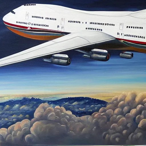 Prompt: a painting of a boeing 7 4 7 jumbo jet, painted in the style of davinci