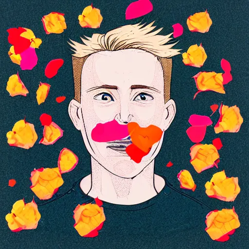 Prompt: a blonde man with freckles vomiting rose petals, lungs, varying art styles, clarity, detoxification, varying angles, colorful
