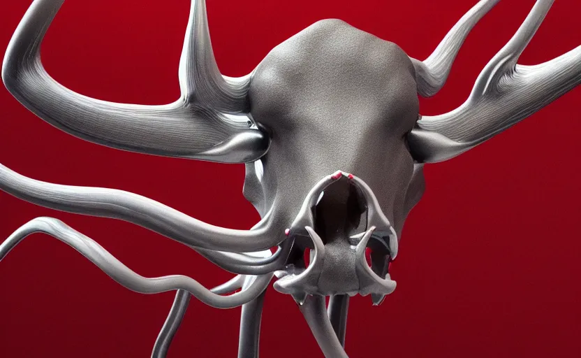 Image similar to anatomical deep red arteries veins flesh stylized shiny polished silver statue full body bizarre extra limbs cosmic horror quadruped animal cow bovine skull four legs made of creature tendrils perfect symmetrical body perfect symmetrical face hyper realistic hyper detailed by johannen voss by michelangelo octane render blender 8 k displayed in pure white studio room