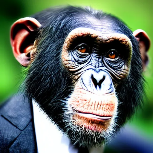 Image similar to a high detail closeup photograph of a chimpanze wearing a suit 👔, award wining photograph, digital art