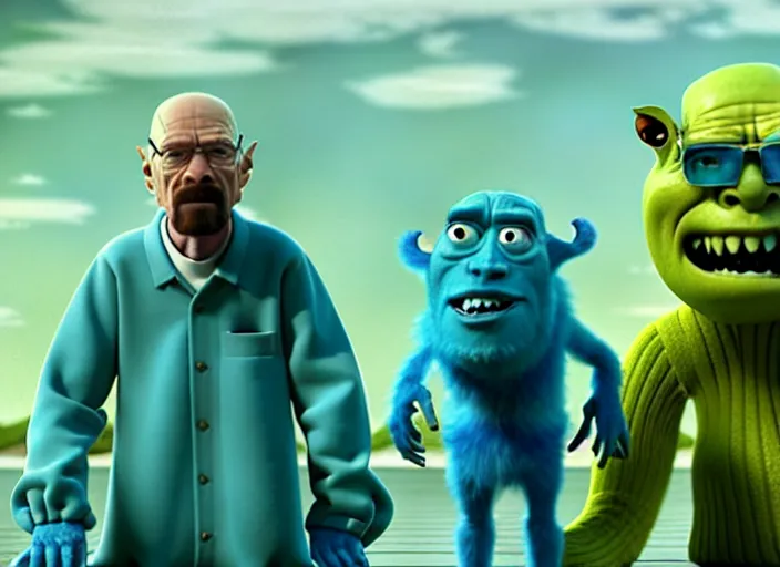 Prompt: film still of walter white as a monster in monsters, inc movie 2 0 0 1, 8 k, cinematic rule of thirds