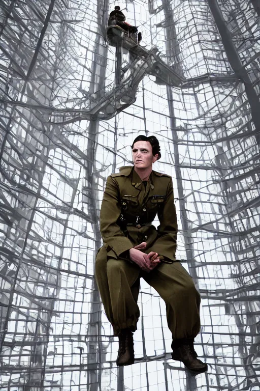 Image similar to kodak portra 5 0 mm f 4 full body portrait photography of a wwii airborne infantry soldier who's a mix of gillian anderson and adam driver, looking exhausted, setting is inside a sci fi megastructure tower looking out a window, photo by erwin olaf