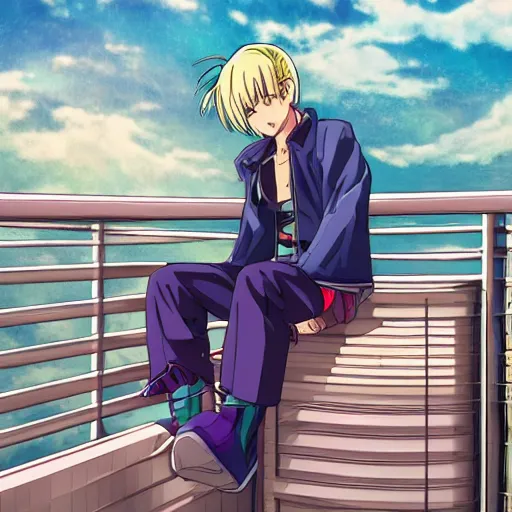 Prompt: trunks sitting on a balcony while listening to music, anime key visual, aesthetic, trending on artstation, 8 k