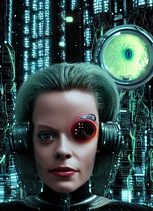 Prompt: 35mm portrait of a 7 of 9 borg with eye implant, on the background of a weird magical mechanical forest. Round gears visible inside her hear. Very detailed 8k. Fantasy cyberpunk horror.