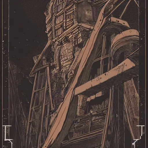 Image similar to precisely drawn illustration of anime verdigris colored old ruined tower, old-fashioned tarot card, victorian playing card, sepia tone, wide angle, sharp, fine details, anime, manga, cyberpunk, intense line art, 8k, precise linework, realistic, shaded lighting by katsuhiro otomo ghost-in-the-shell, magali villeneuve, artgerm, rutkowski Jeremy Lipkin and Giuseppe Dangelico Pino and Michael Garmash and Rob Rey