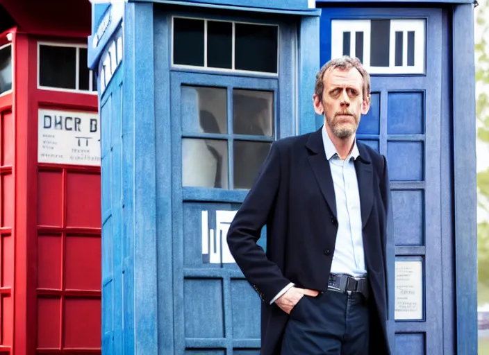 Prompt: dslr photo portrait still of hugh laurie as doctor who in front of the tardis at sunset, 8 k, 8 5 mm f 1. 4