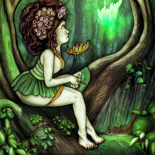 Image similar to a green genie ready to grant wishes deep in the forest, fantasy illustration