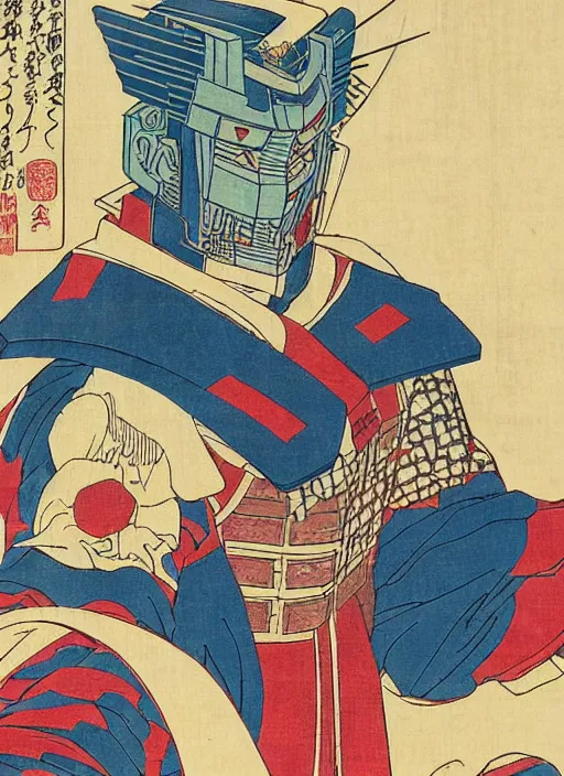 Prompt: a japanese woodblock print of optimus prime, hokusai,