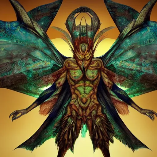 Image similar to 4K headshot of mothman holding something and bloody clothes with giant wings , intricate face , flawless anime cel animation by Kentaro Miura,psychedelic , highly detailed upper body , professionally post-processed , beautiful, scary, symmetry accurate features, epic, octane rendered, anime masterpiece, accurate