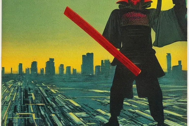 Image similar to 1979 OMNI Magazine Cover of a a samurai in a conical hat. in cyberpunk style by Vincent Di Fate