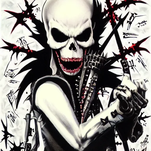 Image similar to a portrait of the grim reaper as a punk rocker playing an electric guitar, punk, skeleton face, mohawk, dark, fantasy, leather jackets, spiked collarsand wristbands, piercings, boots, ultrafine detailed oil on canvas painting by frank frazetta and vito acconci and and takeshi obata, death note style, symetric body, sharp focus