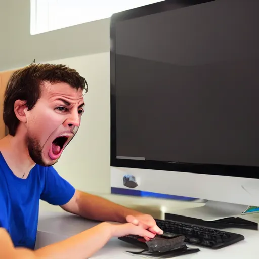 Prompt: screaming guy behind computer, angry 0 n 4