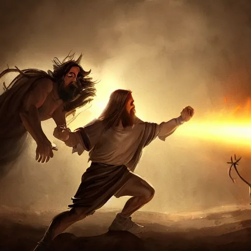 Image similar to Jesus fighting the devil, dynamic lighting, photorealistic concept art, trending on art station, stunning visuals, creative, cinematic, ultra detailed