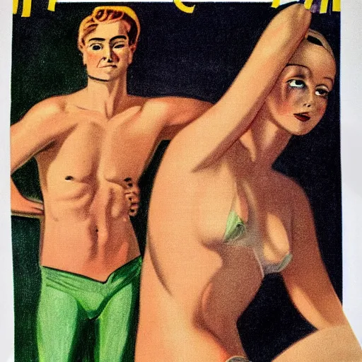 Prompt: year 1 9 2 8 commercial poster for radium underwear. hyperrealistic drawing. green eyes