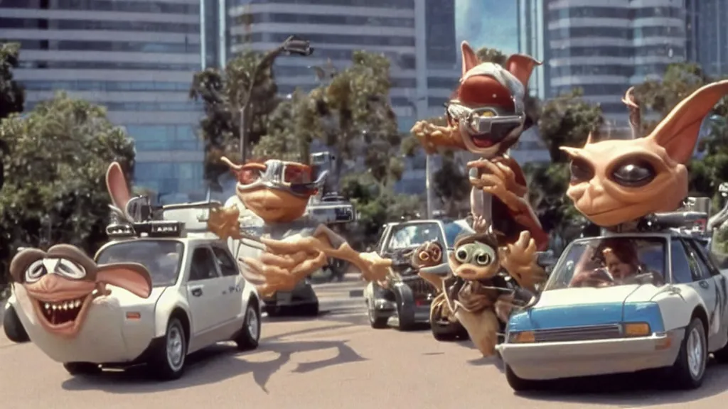 Image similar to Gremlins driving anthropomorphic self driving gremlin cars in downtown silicon valley, film still from banned media Gremlins 3 New World Order, directed by Joe Dante, Nathan Fielder and Groucho Marx