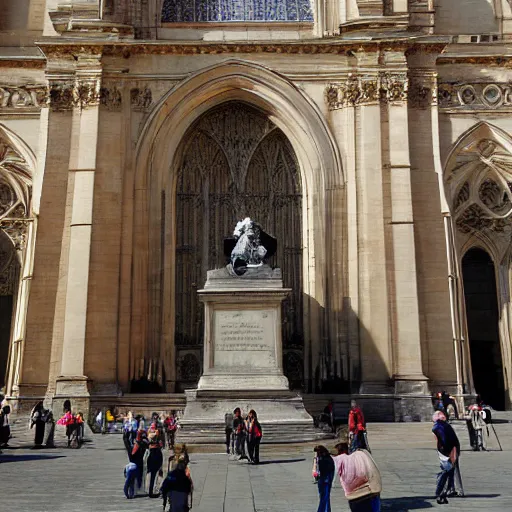 Image similar to highly detailed painting of a statue of bach infront of a cathedral, people are walking past the statue and cathedral, 4 k resolution, by jaquis luis david, visible paint layers, renaissance.