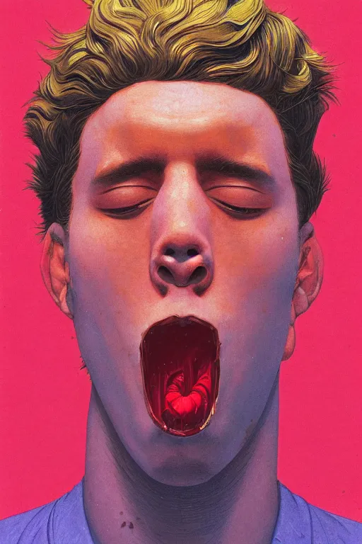 Image similar to a scifi closeup portrait of a young italian man licking a blotter paper of LSD acid on his tongue and dreaming psychedelic hallucinations in cosmos, by kawase hasui, moebius, Edward Hopper and James Gilleard, Zdzislaw Beksinski, Steven Outram colorful flat surreal design, hd, 8k, artstation