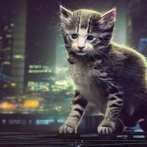 Prompt: full body pose, hyperrealistic photograph of a cyberpunk kitten, dim volumetric lighting, 8 k, octane beautifully detailed render, extremely hyper detailed, intricate, epic composition, cinematic lighting, masterpiece, trending on artstation, very very detailed, stunning, hdr, smooth, sharp focus, high resolution, award, winning photo, dslr, 5 0 mm