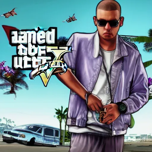 Prompt: bad bunny music artist on the cover of gta v