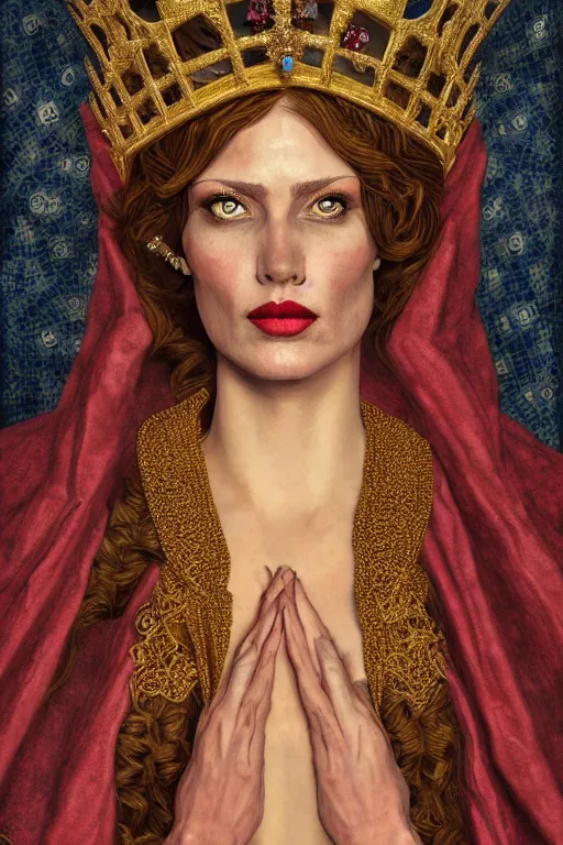 Image similar to Portrait of historically accurate, ancient biblical, sultry, sneering, evil, pagan, wicked, queen jezebel, wearing gilded robes, long hair, intricate, elegant, highly detailed, masterpiece, illustration, art Russian Cubism, highly detailed, trending on artstation, award winning